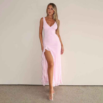 Women's Ruffles Split Suspender Dress Sexy Slim-fit V-neck Evening Party Dresses Clothing