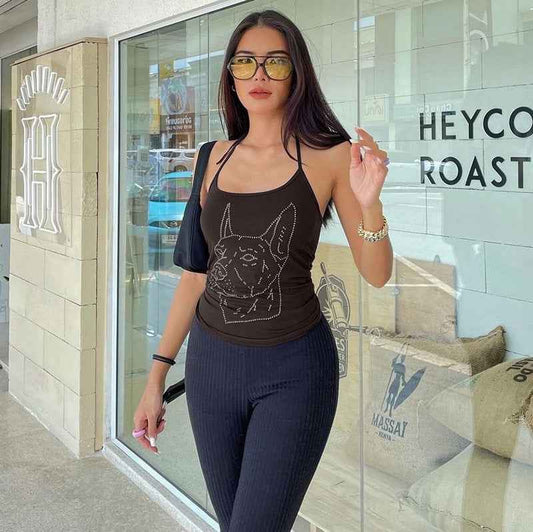 Women's Graceful And Fashionable Rhinestone Lace-up Halterneck U-neck Slim Vest